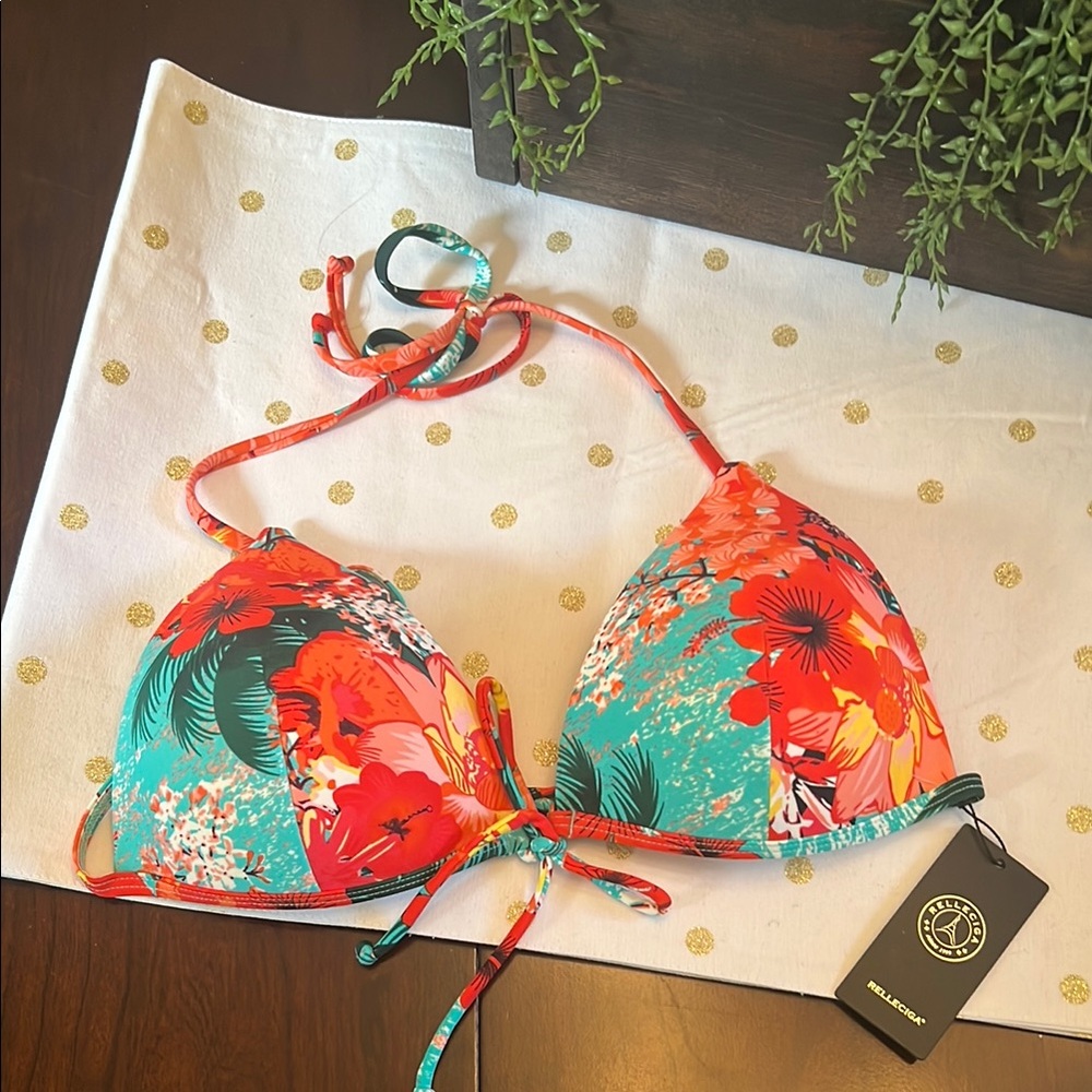 RELLECIGA Floral Bikini Top with Red and Teal Accents